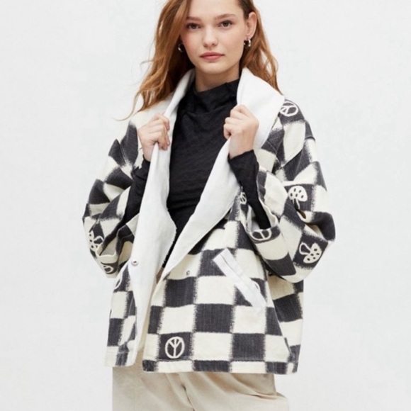 UO Rei Wide Sleeve Wrap Jacket Peace Mushroom Sign - Picture 1 of 8